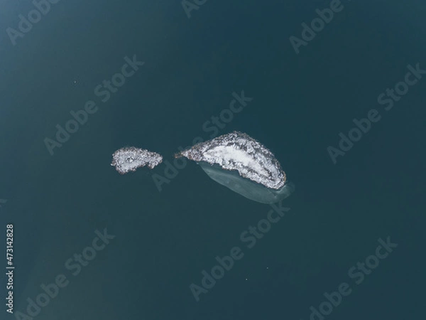 Fototapeta Tiny icy , snowy island in the blue water lake from above. Small iceberg floating abstract.