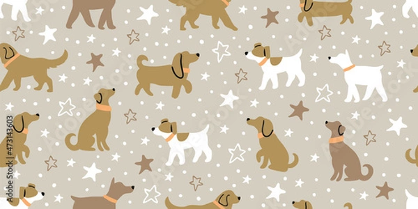 Obraz Childish seamless pattern with hand drawn dogs, stars. Trendy scandinavian vector background. Perfect for kids apparel, fabric, textile, nursery decoration, wrapping paper