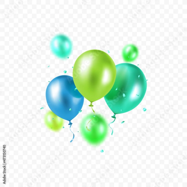 Fototapeta Realistic floating vector balloons isolated on transparent background. Design element green and blue colored balloons in glittering confetti for greeting card or party invitation.
