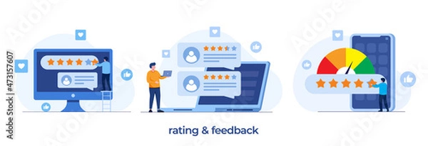 Fototapeta application rating concept, technology, customer satisfaction, review, ui and ux, social media, flat illustration vector
