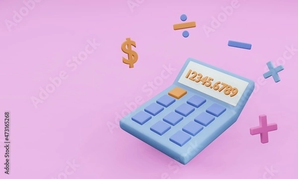 Fototapeta Cute pastel 3d rendering calculator, financial working tools calculator background, accounting business background, 3d background of study tools, web banner design for accounting business,
