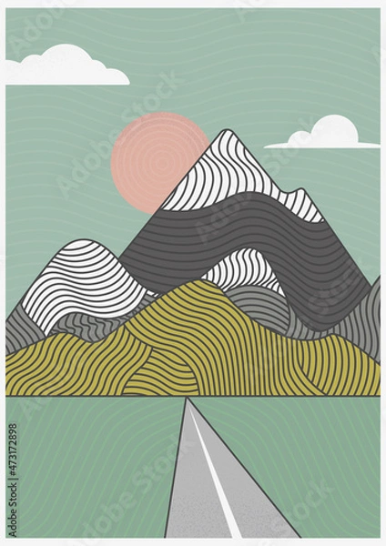 Fototapeta Scandinavian landscape. Minimalist mountains, sun, road, sky, clouds. Winter mountainscape. Geometric abstract waves. Simple lines. Pastel nature colors. Hygge lagom poster. Vector illustration