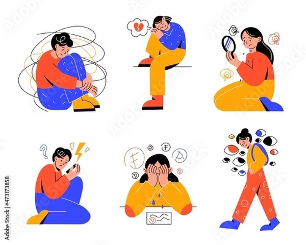 Fototapeta Teenagers problems. Unhappy guys and girls. Transitional age mental issues. Young people feel despondency and depression. Youth experiences. Upset persons. Vector teens troubles set