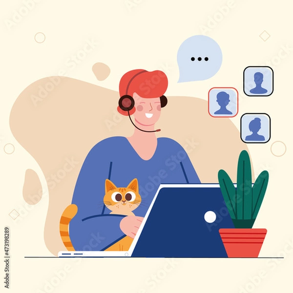 Fototapeta A man with a ginger cat sits in headphones at a laptop. Illustration of remote work, work in a call center