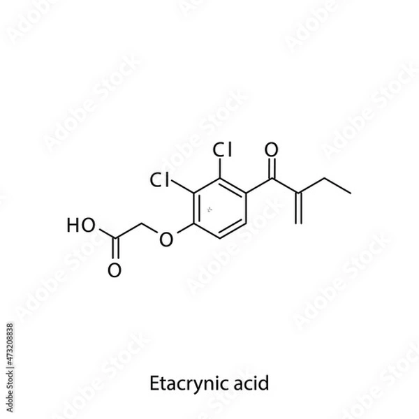 Fototapeta Ethacrynic acid molecular structure, flat skeletal chemical formula. Loop diuretic drug used to treat Edema. Vector illustration.