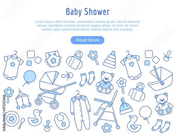 Fototapeta Baby shower invitation thin line background design. Beautiful web page with newborn birthday decoration elements. Adorable toy, balloon, clothing. Outline baby internet background vector illustration.