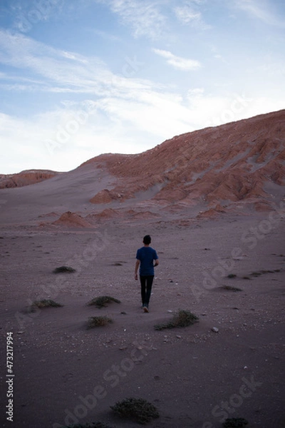Fototapeta A man walking on the desert, on a landscape similar to mars, at sunset, at San Pedro de Atacama