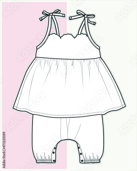 Fototapeta gathered dress, baby wear, baby clothes, frill sleeves fashion dress, flat sketch template, infant girls, technical fashion illustration, illustration, clothes, graphic, vector, design, summer, isolat