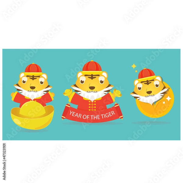Fototapeta Happy Chinese New Year 2022 cartoon tiger holding a red greeting card and ingots in the new year Premium Vector