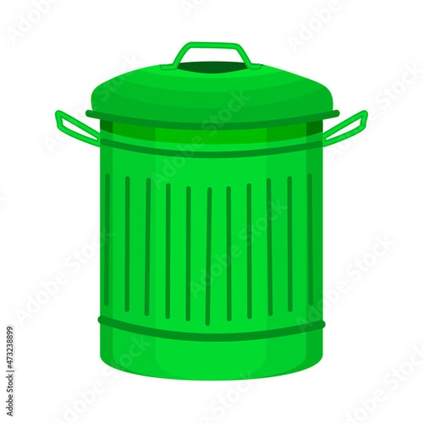 Fototapeta Green recycling bin with cover and handles isolated on white background.Office container for paper garbage.Street can,dustbin, bucket, rubbish pail, or box for waste, trash, litter.Vector illustration