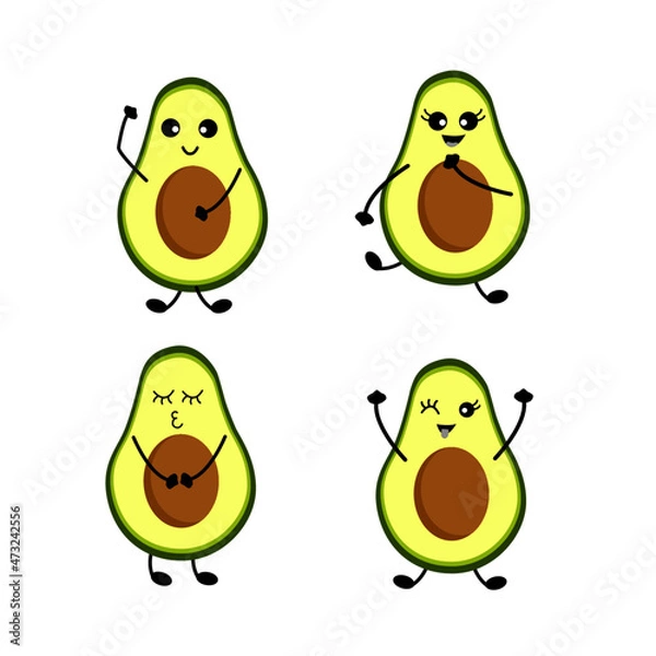 Obraz Set of Cute avocado cartoon, Fresh whole, half and sliced avocado isolated on white background Vector illustration.