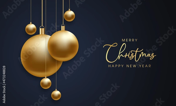Fototapeta Christmas and New Year background. Golden Balls hanging on ribbon. Royal holiday greeting card . Greeting card, banner, poster. Abstract background.