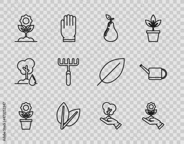 Fototapeta Set line Flower in pot, Hand holding flower, Pear, Leafs, Garden rake, Tree hand of environmental protection and Watering can icon. Vector