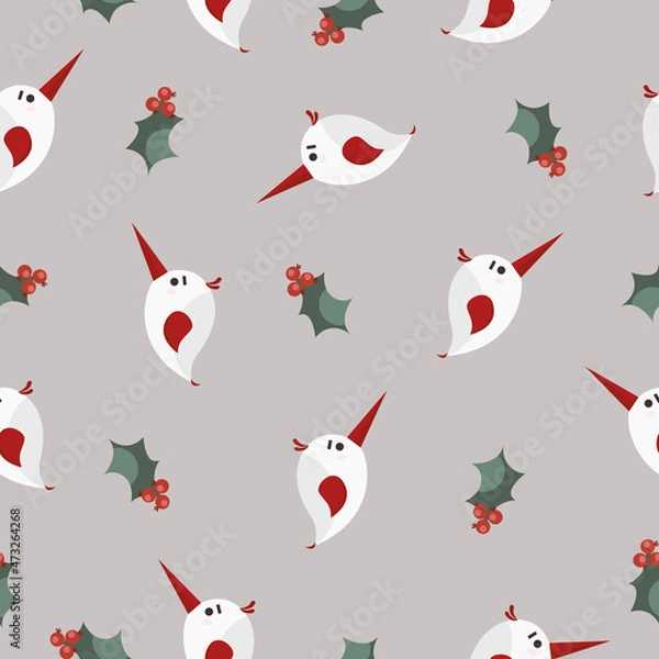 Fototapeta Christmas bird with holly seamless pattern. Vector stock illustration