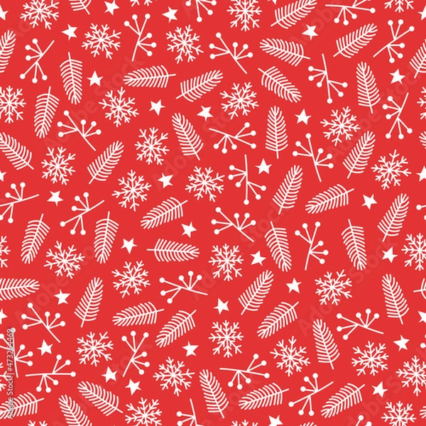 Fototapeta Christmas pattern with snowflakes and branches in doodle style on red background. Vector stock illustration