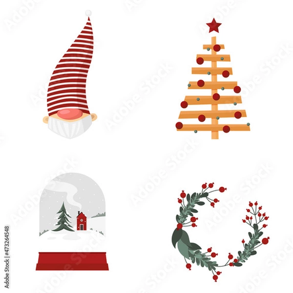 Fototapeta Christmas tree, santa claus, glass ball with mezhinki and new year wreath isolated in flat style. Vector stock illustration
