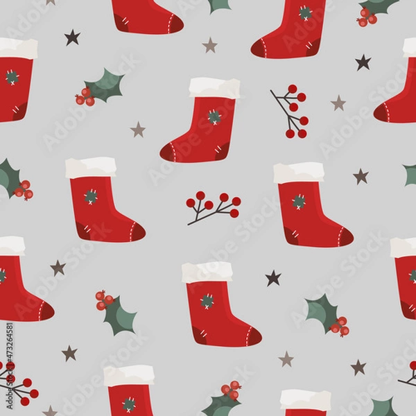 Fototapeta Christmas red sock pattern in hand drawn style. Vector stock illustration