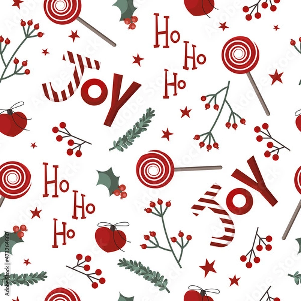 Fototapeta Christmas pattern with sweets, holly and lettering on a white background in hand drawn style. Vector stock illustration
