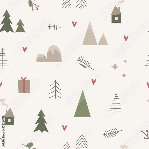 Fototapeta Winter pattern with mountains and trees in scandinavian style. Vector stock illustration