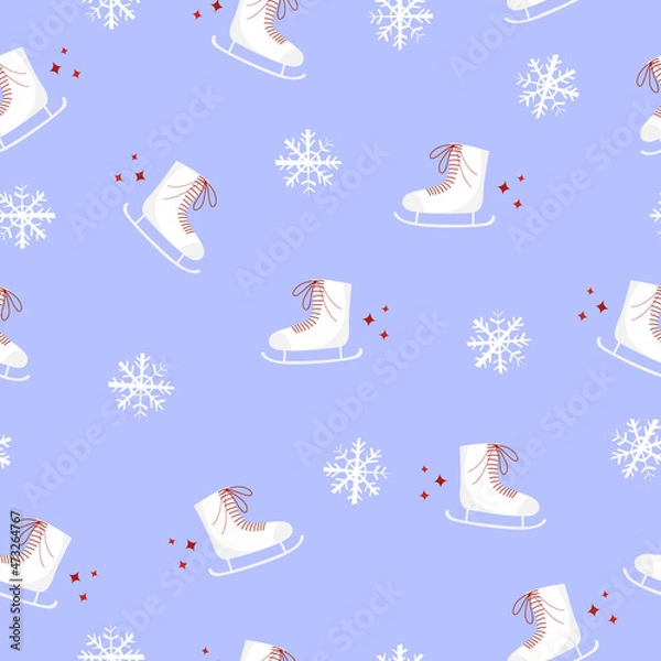 Fototapeta Skates hand drawn winter seamless pattern on blue background. Vector stock illustration