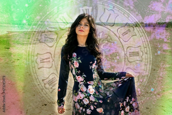 Fototapeta Woman posing against the background of a large clock, time
