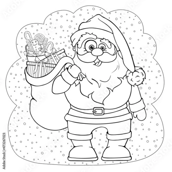 Fototapeta Merry funny Santa Claus character with a bag of gifts boxes and sock with sweets on backdrop snow. Christmas elements. Hand drawn. Vector illustration isolated on white background. Coloring page book.