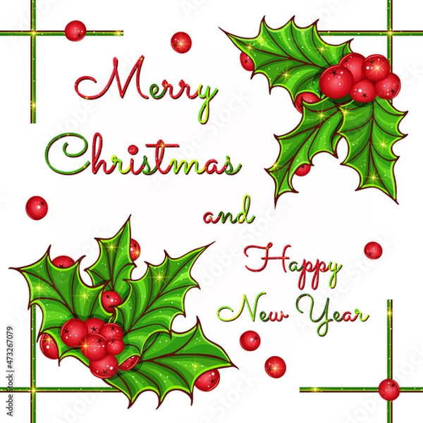 Fototapeta Sprig of holly, ilex, mistletoe, red berries, green aquifolium leaves. Christmas New Year greeting card. Hand drawn. Design element in decor style. Vector illustration isolated on a white background.