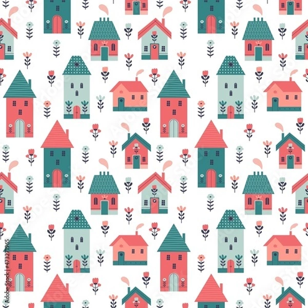 Obraz Urban landscape with cute tiny houses seamless pattern. Cityscape abstract background with scandi houses, small vintage buildings, and flowers. Colored vector illustration in Scandinavian style.