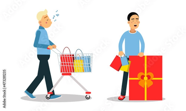 Obraz People carrying shopping bags with purchases set. Male customers taking part in seasonal sale at store vector illustration