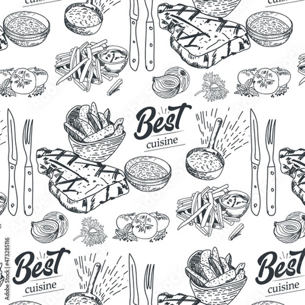Fototapeta Hand drawn meat seamless pattern. Vintage design template, banner. Vector.