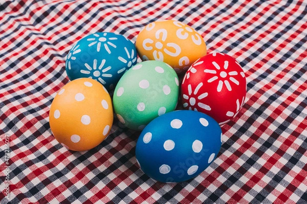 Obraz Perfect colorful handmade easter eggs on a fabric background
