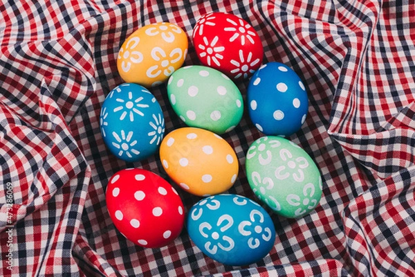 Obraz Perfect colorful handmade easter eggs on a fabric background