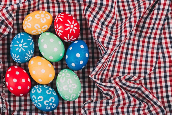 Obraz Perfect colorful handmade easter eggs on a fabric background