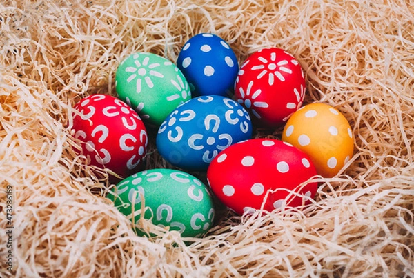 Obraz Perfect colorful handmade easter eggs in the nest