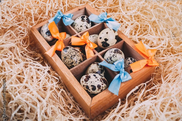 Obraz Little raw quail eggs in the wooden box 