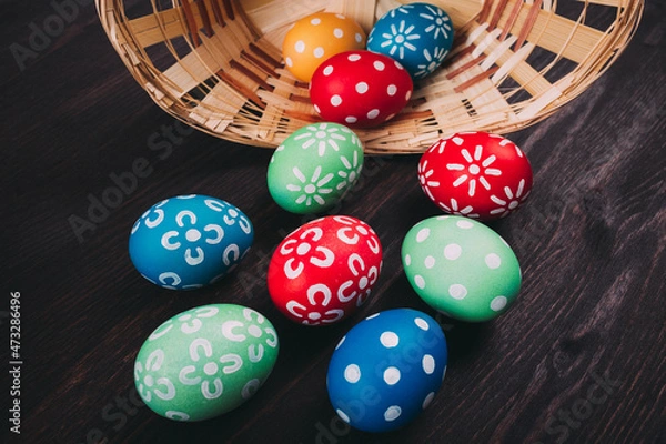 Obraz Basket with easter eggs on the dark wooden background