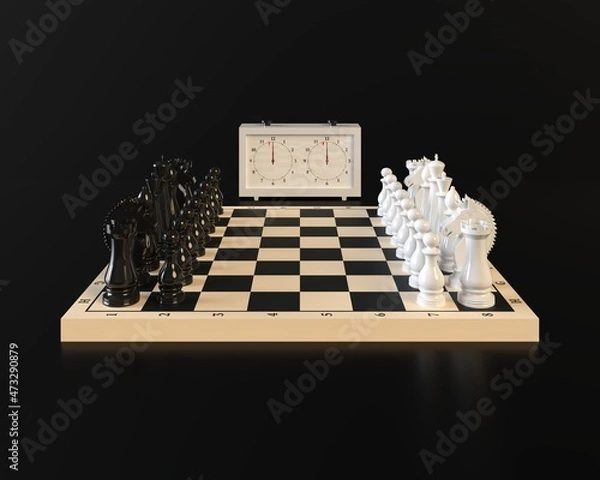 Fototapeta Chess Pieces on a Checkerboard, Chess Clock on a dark background. 3d rendering