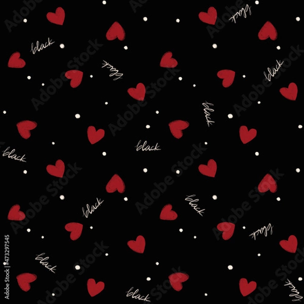 Obraz Black Red Heart Digital Papers, Seamless Patterns, Love Dot Design Illustration, 12 inches