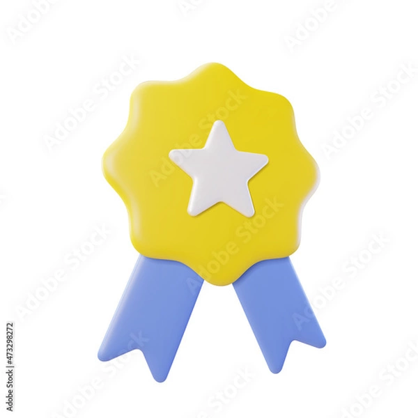 Fototapeta Certificate Badge 3d vector illustration, yellow badge icon with star and ribbon Background isolated