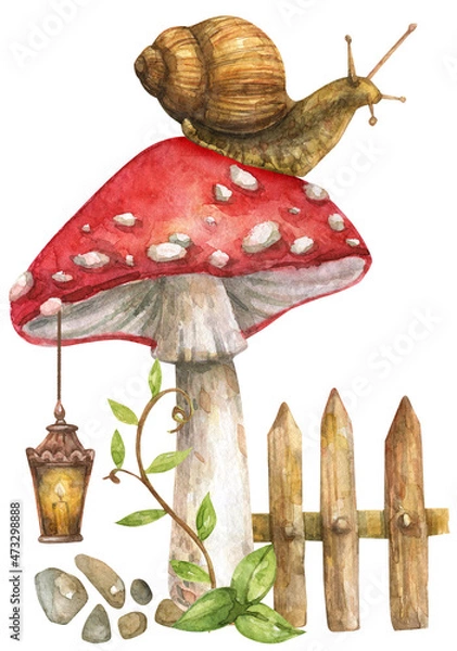 Obraz Watercolor illustrations of small houses and mushrooms of amanita in the forest isolated on white background. Rustic fairy-tale houses, lanterns in the forest surrounded by mushrooms, mosses and green