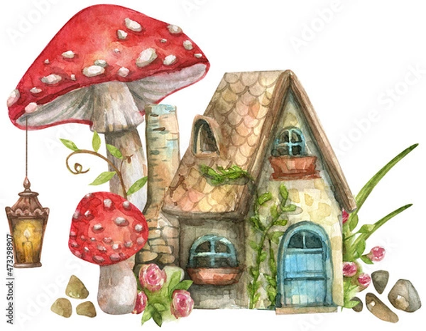 Obraz Watercolor illustrations of small houses and mushrooms in the forest isolated on a white background. Rustic fairytale houses, lanterns in the forest, surrounded by mushrooms, mosses and greenery.