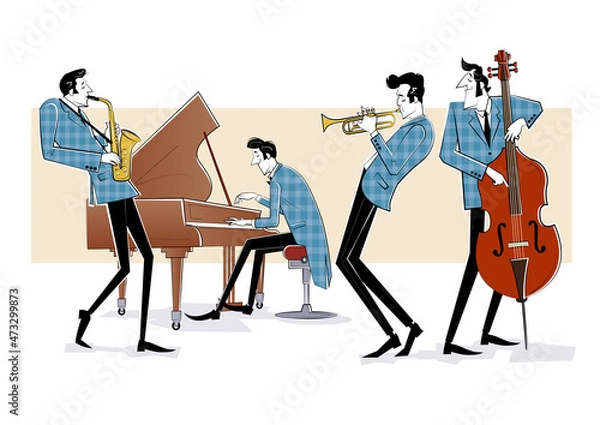 Fototapeta Vector illustration of a Jazz band with double-bass, saxophon and piano
