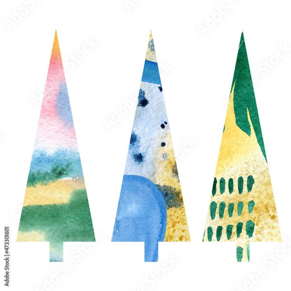 Obraz Christmas tree abstract watercolor art. Hand painted  forest set for winter card, birthday card, social media stories, stikers, banner.