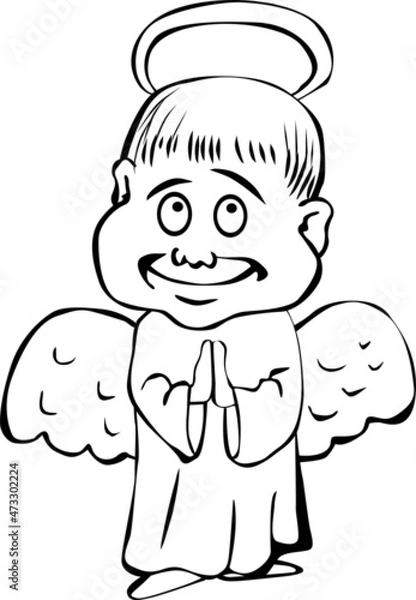 Fototapeta An angel with halo wings and a large head stands with folded hands
