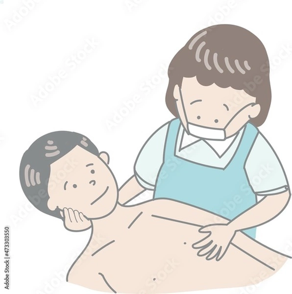 Obraz 病気の男性の脱衣を介助する人のカラーイラスト