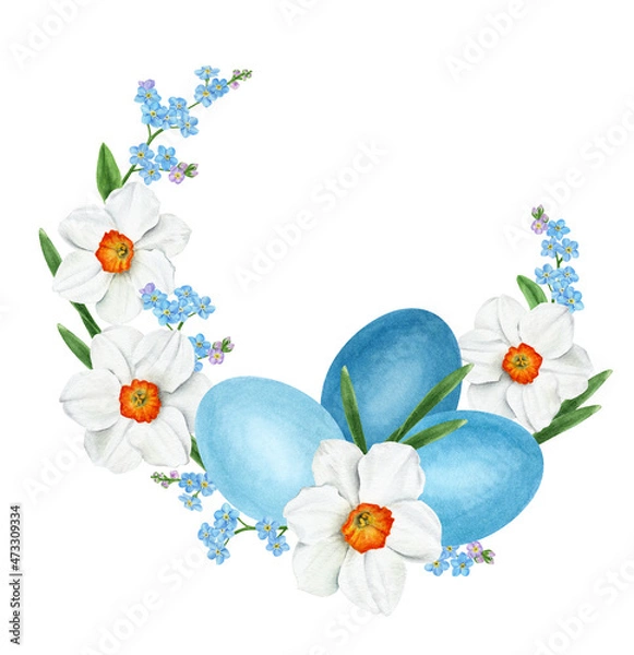Obraz Easter wreath with daffodils, forget-me-nots and blue colored eggs.  Watercolor illustration