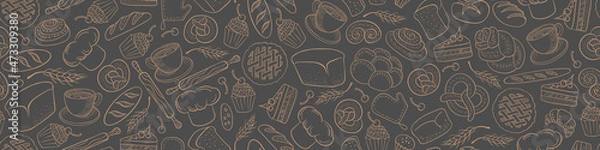 Obraz Bakery doodles background. Seamless horizontal border with cakes and bakery products. Vector illustration.