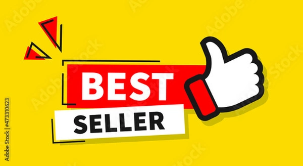 Fototapeta red and white vector banner best seller on yellow background with thumbs up.