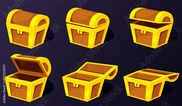 Fototapeta Cartoon treasure chest. Wooden chests, animation open empty wood box. Closed ancient chest with lock. Game wooden box with open cover vector icons