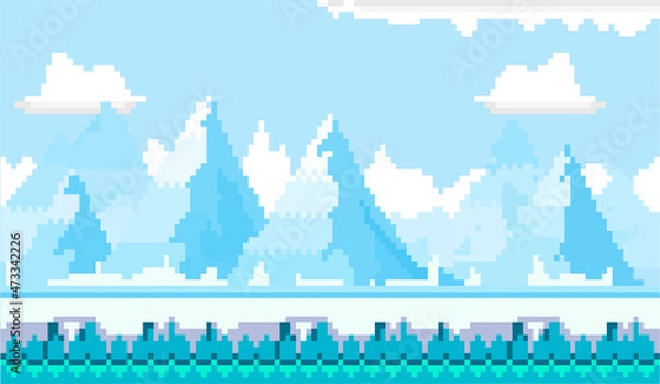 Fototapeta winter pixel art, there are very beautiful blue mountain ranges covered with snow